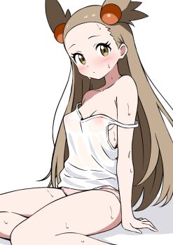 1girl blush breasts brown_eyes brown_hair camisole closed_mouth dot_mouth ecgg_(tsuji418477) eyelashes hair_bobbles hair_ornament highres holding jasmine_(pokemon) long_hair looking_at_viewer nintendo panties pink_panties pokemon pokemon_gsc shadow small_breasts two_side_up underwear white_background