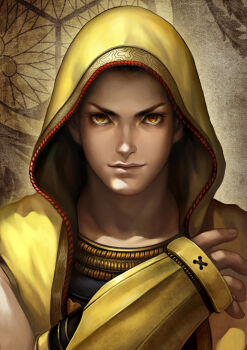 1boy closed_mouth commentary_request expressionless eyelashes gauntlets grey_background hood hood_up kdash looking_at_viewer male_focus orange_eyes sengoku_basara short_hair solo straight-on tokugawa_ieyasu_(sengoku_basara) upper_body v-shaped_eyebrows