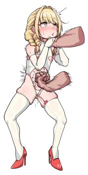 1boy 1girl absurdres blonde_hair blush braid bridal_gauntlets censored clothing_aside clothing_cutout commentary commission disembodied_hand elbow_gloves english_commentary fang flat_chest fujita_kotone gakuen_idolmaster gloves heart_cutout hetero high_heels highres idolmaster legs_apart leotard leotard_aside long_hair mosaic_censoring nipple_cutout nipples open_mouth poyo154297 punching pussy red_shoes remote_control_vibrator ryona sex_toy shoes simple_background skin_fang solo_focus stomach_cutout strangling thighhighs transparent_background twin_braids vibrator vibrator_cord vibrator_in_thighhighs white_gloves white_leotard white_thighhighs yellow_eyes