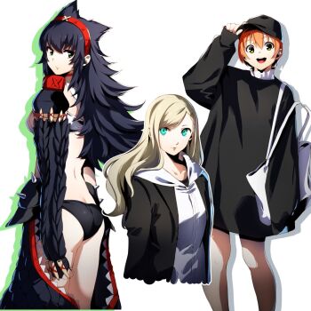 3girls ass blonde_hair character_request closed_mouth highres long_hair looking_at_viewer monster_hunter_(series) multiple_girls nakano_maru nargacuga_(armor) open_mouth persona persona_5 short_hair simple_background smile takamaki_anne white_background