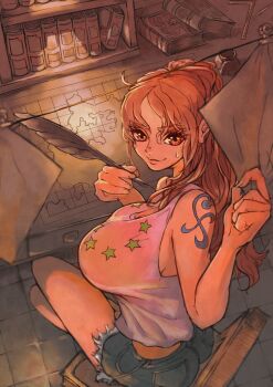 1girl absurdres ass bare_shoulders blue_shorts book breasts chair closed_mouth commentary_request crossed_legs denim denim_shorts desk from_above hand_up hato_hato_hato highres holding holding_paper holding_quill indoors ink large_breasts long_hair looking_at_viewer looking_back map nami_(one_piece) one_piece orange_eyes orange_hair paper print_tank_top quill short_shorts shorts shoulder_tattoo sitting solo star_(symbol) star_print sweatdrop tank_top tattoo white_tank_top