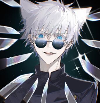 1boy absurdres animal_ears black_background black_jacket blue_eyes cat_boy cat_ears chinese_commentary colored_eyelashes eyelashes fangs gakuran glint gojou_satoru hair_between_eyes high_collar highres jacket jujutsu_kaisen kemonomimi_mode looking_at_viewer male_focus nidexintu open_mouth portrait round_eyewear school_uniform short_hair simple_background smile solo sparkle sunglasses sword teeth upper_body weapon white_eyelashes white_hair