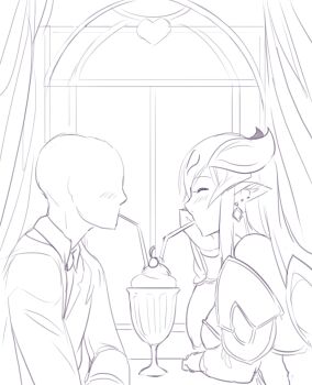 1boy 1girl anonymous_(4chan) armor arms_on_table bald blush demon_girl druella earrings closed_eyes faceless faceless_male facing_another food glass greyscale hand_on_own_cheek hand_on_own_face heart horns ice_cream jewelry less lilim_(monster_girl_encyclopedia) long_hair monochrome monster_girl_encyclopedia monster_girl_encyclopedia_world_guide_i:_fallen_maidens pauldrons pointy_ears shared_drink shared_straw shoulder_armor sitting smile table window