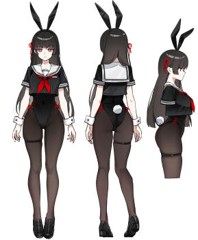 1girl absurdres animal_ears black_hair black_leotard black_pantyhose breasts chisa_(wuthering_waves) cropped_shirt fake_animal_ears foxyreine gluteal_fold grey_shirt highres leotard long_hair looking_at_viewer medium_breasts multiple_views neckerchief pantyhose playboy_bunny rabbit_ears red_eyes red_neckerchief sailor_collar shirt shirt_overhang shoes skindentation solo thigh_strap wrist_cuffs wuthering_waves