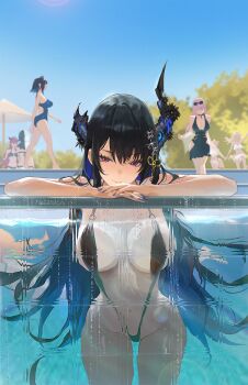 6+girls against_glass alternate_costume animal_ears artist_name beach_umbrella bikini black_bikini black_dress black_hair black_slingshot_swimsuit blue_nails blue_one-piece_swimsuit blue_sky blurry blurry_background braid breasts brown_hair cleavage closed_eyes closed_mouth commentary day demon_horns distortion dog_ears dog_girl dress english_commentary eyewear_on_head floating fuwawa_abyssgard glass_wall green_bikini greyscale highres hololive hololive_english horns irys_(hololive) large_breasts long_hair looking_at_viewer medium_hair mococo_abyssgard mole mole_under_eye monochrome mori_calliope multicolored_hair multiple_girls navel nerissa_ravencroft one-piece_swimsuit orange_hair ouro_kronii outdoors partially_submerged partially_underwater_shot pink_hair pool purple_hair red_eyes rucarachi shiori_novella siblings sisters sky slingshot_swimsuit smile solo_focus split-color_hair standing sunglasses swimming swimsuit takanashi_kiara takanashi_kiara_(casual) tree twin_braids twins umbrella underwater very_long_hair virtual_youtuber walking white_bikini white_hair