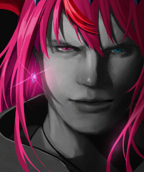 1girl absurdres blue_eyes closed_mouth cosplay crossdressing devil_may_cry_(series) devil_may_cry_5 diamond_earrings earrings eyelashes glint heterochromia high_collar highres hololive hololive_english irys_(hololive) jewelry kisaragi_tsurugi looking_at_viewer multicolored_hair nero_(devil_may_cry) nero_(devil_may_cry)_(cosplay) nose photo-referenced pink_eyes pink_hair realistic red_hair smile solo streaked_hair two-tone_hair virtual_youtuber