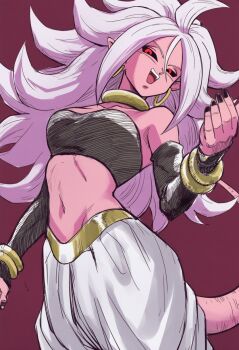 1girl android_21 arabian_clothes bandeau bare_shoulders black_nails black_sclera bracelet breasts collarbone colored_sclera colored_skin detached_sleeves dragon_ball dragon_ball_fighterz earrings harem_pants jei_games jewelry long_hair looking_at_viewer majin_android_21 medium_breasts navel neck_ring open_mouth pants pink_hair pink_skin red_eyes smile tail white_pants