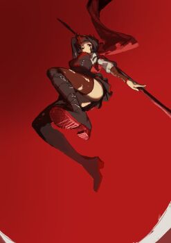 1girl absurdres belt_boots black_boots black_corset black_hair black_skirt black_thighhighs boots breasts cape closed_mouth colored_tips corset expressionless from_below full_body gradient_background grey_eyes high_heel_boots high_heels highres holding holding_behind_back holding_scythe knee_boots long_sleeves looking_at_viewer multicolored_hair red_background red_boots red_cape red_hair red_pupils red_theme red_trim ruby_rose rwby scythe short_hair skirt small_breasts solo thighhighs torn_clothes torn_thighhighs upskirt wb_yimo