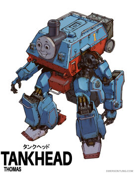 arms_at_sides artist_name black_eyes character_name commentary emerson_tung english_commentary full_body grin highres machinery mecha mecha_focus mechanization open_hands robot simple_background smile solo standing thomas_the_tank_engine thomas_the_tank_engine_(series) watermark web_address white_background