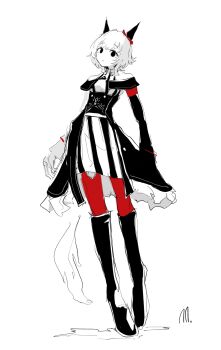 1girl absurdres animal_ears black_boots black_dress black_eyes boots closed_mouth curren_chan_(fille_eclair)_(umamusume) curren_chan_(umamusume) dress ear_covers expressionless full_body highres horse_ears horse_girl horse_tail limited_palette long_sleeves looking_at_viewer off-shoulder_dress off_shoulder red_thighhighs ringring_(artist) short_hair signature simple_background sketch solo striped_clothes striped_dress tail thighhighs umamusume white_background white_hair