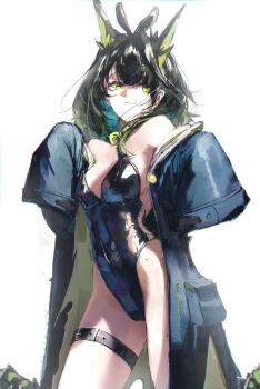 1girl :3 absurdres arknights black_hair black_leotard blue_coat breasts coat commentary cowboy_shot english_commentary gandy_(gan3e46) green_eyes green_hair highres leotard long_hair medium_breasts mon3tr_(arknights) open_clothes open_coat simple_background sleeves_past_fingers sleeves_past_wrists solo strapless strapless_leotard thigh_strap white_background
