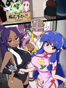 3girls absurdres angewomon ash_ketchum bleach blue_eyes bongftah box cat chinese_clothes crossover dark-skinned_female dark_skin digimon digimon_(creature) highres meowscarada multiple_crossover multiple_girls nintendo pokemon pokemon_(anime) pokemon_(creature) pokemon_xy_(anime) ranma_1/2 shampoo_(ranma_1/2) shihouin_yoruichi sprigatito tagme tailmon yu-gi-oh!