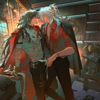 Rule 34 | 2boys, absurdres, arm support, bandaged arm, bandaged chest, bandaged hand, bandages, belt, black coat, black hair, black pants, blade (elation) (honkai: star rail), blade (honkai: star rail), bookshelf, bracelet, brooch, city, closed mouth, coat, coat on shoulders, eye contact, feet out of frame, frown, hair ribbon, half updo, highres, honkai: star rail, honkai (series), indoors, jewelry, jing yuan, leg between thighs, long hair, long sleeves, looking at another, male focus, mole, mole under eye, multiple boys, multiple rings, muoi, pants, paper, pectorals, phone, red coat, red eyes, red ribbon, red shirt, ribbon, ring, scar, scar on arm, scar on stomach, shirt, sidelocks, smile, standing, tile floor, tiles, white belt, white hair, window, yaoi, yellow eyes