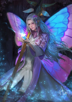 1girl asteria_(choralsoprano12) blue_wings bug butterfly butterfly_wings commentary commission curtained_hair dress earrings english_commentary flower glowing_butterfly green_eyes grey_hair hair_flower hair_ornament heterochromia highres insect insect_wings jewelry jwei light_particles long_hair long_sleeves nose open_clothes open_hands open_robe original parted_lips pink_flower pink_lips pink_wings pointy_ears purple_eyes purple_flower purple_robe ring robe sidelocks signature solo staff two-tone_wings very_long_hair white_dress white_flower wings