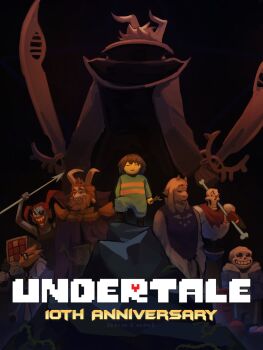 1other 3girls 4boys akeiomi alphys anniversary asriel_dreemurr bone branch commentary dual_wielding english_commentary floppy_ears frisk_(undertale) goat_horns grin highres holding holding_bone holding_branch holding_polearm holding_sword holding_weapon horns looking_at_another looking_at_viewer looking_to_the_side mettaton mettaton_(box) multiple_boys multiple_girls non-humanoid_robot papyrus_(undertale) polearm robot sans_(undertale) skeleton smile spear striped_clothes sword toriel undertale undyne utdr_(toby_fox) weapon
