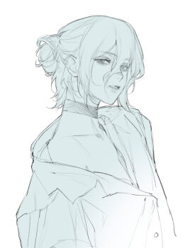 1girl buttons chainsaw_man choker collarbone commentary greyscale hair_between_eyes hair_bun highres keibleh lapels lips long_hair_between_eyes looking_at_viewer monochrome open_clothes open_shirt reze_(chainsaw_man) short_hair sidelocks simple_background single_bare_shoulder solo symbol-only_commentary teeth upper_body