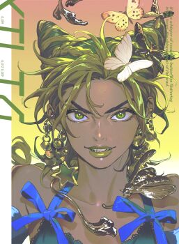 1girl alternate_skin_color blue_ribbon bug butterfly butterfly_on_head close-up collarbone commentary cone_hair_bun dark-skinned_female dark_skin double_bun earrings green_eyes green_hair green_lips hair_bun highres insect jewelry jojo_no_kimyou_na_bouken kuujou_jolyne looking_at_viewer parted_lips ribbon shishio_(shishio5431) solo stone_ocean teeth upper_body