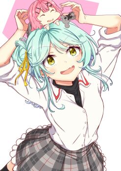 amaori_renako aqua_hair ashigaya_high_school_uniform chibi fang highres koala koyanagi_kaho mini_person_on_head mono9ron pink_hair school_uniform skin_fang watashi_ga_koibito_ni_nareru_wake_naijan_murimuri!