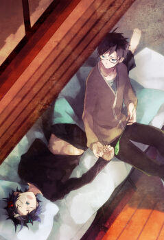 Rule 34 | 2boys, ao no exorcist, bandaid, bandaid on face, bandaid on nose, barefoot, black-framed eyewear, black hair, black male underwear, black pants, blue eyes, blue pants, blue shirt, boxers, brothers, brown jacket, buttons, closed mouth, collarbone, emonak, feet out of frame, fingernails, full body, futon, glasses, hand on hand, holding, indoors, jacket, light smile, long sleeves, looking at another, lying, male focus, male underwear, messy hair, midriff peek, multiple boys, object request, okumura rin, okumura yukio, on back, on bed, open mouth, pants, pillow, pointy ears, shirt, short hair, siblings, sitting, sliding doors, teeth, underwear, wooden floor