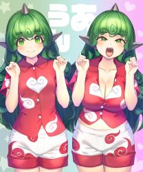 Rule 34 | absurdres, before and after, breast expansion, breasts, cleavage, cloud print, collarbone, curly hair, green hair, highres, horns, kariyushi shirt, komainu, komainu ears, komano aunn, midriff, navel, open mouth, paw pose, red shirt, shirt, shorts, single horn, tarmo, tongue, tongue out, touhou, white shorts
