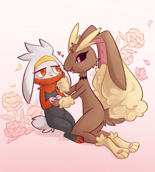 absurdres black_fur black_sclera blush brown_fur colored_sclera flower furry furry_female gen_4_pokemon gen_8_pokemon gradient_background grey_fur heart highres kazunekomori looking_at_another lopunny multicolored_fur nintendo open_mouth pink_background pokemon pokemon_(creature) raboot red_eyes red_fur