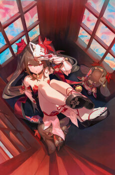 1girl absurdres ankle_bell bare_shoulders black_gloves black_sandals breasts character_doll checkered_background chest_tattoo cleavage collarbone commentary_request detached_sleeves doll fox_mask gloves gun_to_head hair_between_eyes hair_ornament highres honkai:_star_rail honkai_(series) japanese_clothes kimono long_hair mask mask_on_head medium_breasts mole mole_under_each_eye mole_under_eye multiple_moles nail_polish pink_eyes red_kimono sandals setora_q short_sleeves sleeveless sleeveless_kimono sparkle sparkle_(doll)_(honkai:_star_rail) sparkle_(honkai:_star_rail) tattoo toenail_polish toenails twintails very_long_hair