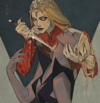 Rule 34 | 2girls, artist name, baldur's gate, baldur's gate 3, black eyeshadow, black lips, black shirt, blonde hair, bodysuit, breasts, circlet, cleavage, colored skin, dagger, dark elf, detached sleeves, dungeons & dragons, elf, eyeshadow, hair bun, half-closed eye, hand on another's head, hand up, head back, head grab, headpiece, highres, holding, holding dagger, holding knife, holding weapon, knife, long hair, makeup, medium hair, minthara, multiple girls, orin the red, parted lips, plunging neckline, pointy ears, purple skin, ravysuu, red bodysuit, shirt, signature, single hair bun, sleeveless, sleeveless shirt, stab, upper body, weapon, white eyes