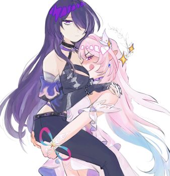 2girls acheron_(honkai:_star_rail) adapted_costume aqua_hair black_pants blush breasts carrying carrying_person commentary crop_top cyrene_(honkai:_star_rail) cyrene_(ripples_of_past_reverie)_(honkai:_star_rail) detached_sleeves diamond-shaped_pupils diamond_(shape) dress earrings halo hand_on_another&#039;s_ass highres honkai:_star_rail honkai_(series) jewelry large_breasts licking_lips long_hair looking_at_viewer multicolored_hair multiple_girls pants pink_hair pinkmemling pointy_ears purple_eyes purple_hair simple_background symbol-shaped_pupils tongue tongue_out two-tone_hair very_long_hair white_background white_dress yuri