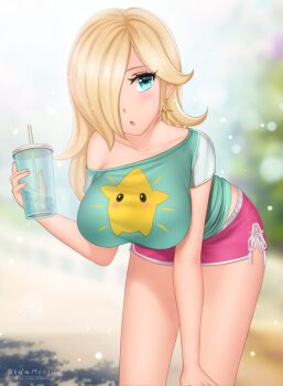 1girl :o alternate_costume aqua_shirt bare_legs bare_shoulders bent_over blonde_hair blue_eyes blurry blurry_background blush breasts casual collarbone cowboy_shot cup drink drinking_straw gigamessy hair_over_one_eye hanging_breasts highres holding holding_cup lace-up large_breasts liquid long_hair luma_(mario) mario_(series) midriff_peek nintendo open_mouth pink_shorts print_shirt rosalina shirt shirt_slip short_shorts short_sleeves shorts side_slit solo super_mario_galaxy taut_clothes taut_shirt