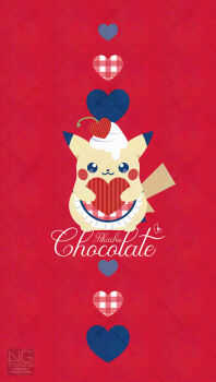 Rule 34 | apron, character name, checkered apron, checkered clothes, cherry, closed mouth, food, fruit, gen 1 pokemon, heart, highres, holding, looking at viewer, meme (sleepsheep), nintendo, no humans, pikachu, pokemon, pokemon (creature), pokemon focus, smile, whipped cream