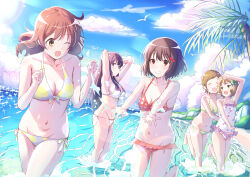 Rule 34 | 5girls, absurdres, beach, bikini, blonde hair, breasts, brown eyes, brown hair, character request, closed eyes, day, floral print, frilled bikini, frills, front-tie bikini top, front-tie top, hibike! euphonium, highres, large breasts, long hair, looking at another, multiple girls, navel, ocean, one-piece swimsuit, one eye closed, outdoors, partially submerged, plaid, plaid bikini, polka dot, print bikini, purple eyes, purple hair, short hair, side-tie bikini bottom, small breasts, smile, splashing, standing, string bikini, swimsuit, txbbxb, white bikini, white one-piece swimsuit, yellow eyes