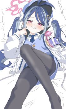 Rule 34 | 1girl, :d, antenna hair, bed sheet, black pantyhose, blue archive, blue hair, blue necktie, blue vest, collared shirt, commentary request, fubuki (blue archive), hair ornament, halo, hat, highres, jacket, kamitosayu, long hair, multicolored hair, necktie, open mouth, pantyhose, pillow, pink hair, police, police uniform, red halo, shirt, smile, streaked hair, twintails, vest, walkie-talkie