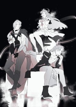 1boy 2girls absurdres alic52156085 antenna_hair arm_ribbon armor bare_shoulders boots breasts cape choker closed_mouth collarbone cyrene_(honkai:_star_rail) cyrene_(ripples_of_past_reverie)_(honkai:_star_rail) dress fingerless_gloves fingernails floating_clothes floating_hair full_body gloves greyscale hair_between_eyes hair_ornament hair_ribbon hand_up heart heart_print highres honkai:_star_rail honkai_(series) jacket lapels leaf_hair_ornament lips long_hair long_sleeves looking_to_the_side medium_breasts miniskirt monochrome multiple_girls neck_tattoo off-shoulder_dress off_shoulder official_alternate_costume official_alternate_hairstyle open_clothes open_jacket open_mouth pants phainon_(honkai:_star_rail) reflection ribbon shirt shoes short_hair short_sleeves shoulder_armor sidelocks simple_background single_glove sitting skirt stelle_(honkai:_star_rail) sun_symbol sun_tattoo t-shirt tan tattoo teeth thigh_strap trailblazer_(honkai:_star_rail) two-sided_cape two-sided_dress two-sided_fabric