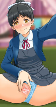1girl anus bar_censor black_hair blue_jacket blue_panties blush brown_eyes censored dress eno_tato grey_dress hair_ribbon hazuki_ren jacket long_hair long_sleeves love_live! love_live!_superstar!! neck_ribbon panties ponytail pussy red_ribbon ribbon selfie shirt smile solo spread_legs spread_pussy spreading_own_pussy underwear white_shirt yuigaoka_school_uniform
