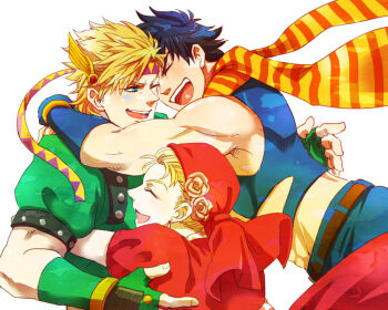 Rule 34 | 1girl, 2boys, bandana, blonde hair, caesar anthonio zeppeli, hug, jojo no kimyou na bouken, joseph joestar, joseph joestar (young), midriff, multiple boys, nyorori, scarf, suzi q