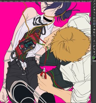 1boy 1girl art_program_in_frame black_choker black_pants black_shorts black_thighhighs blonde_hair bomb bound chainsaw_man choker countdown_timer defusing denji_(chainsaw_man) diagonal_pliers dynamite explosive flat_color holding_pliers open_fly pants pink_background pliers purple_hair reze_(chainsaw_man) shirt shorts thighhighs tied_up_(nonsexual) time_bomb white_shirt wire_cutters yang_gallae