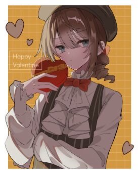 1boy :t absurdres alternate_costume androgynous ascot beret black_vest blue_eyes bow bowtie box drill_hair drill_ponytail edgar_valden frilled_shirt_collar frilled_sleeves frills furrowed_brow hair_between_eyes happy_valentine hat heart highres holding holding_box identity_v looking_to_the_side male_focus potechi_(kaoriion613) pout puffy_sleeves red_bow red_bowtie striped_clothes striped_vest trap vest white_ascot