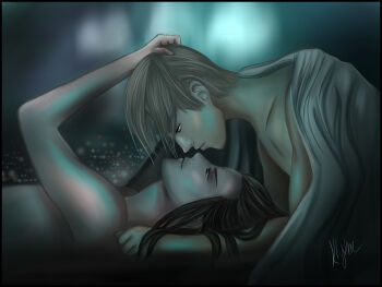 2boys bindi black_hair blonde_hair blue_eyes city_lights collarbone eyebrows face-to-face final_fantasy final_fantasy_vii final_fantasy_vii_remake framed hand_on_another's_head looking_at_another lying makoskies male_focus multiple_boys night parted_lips profile red_eyes rufus_shinra short_hair signature square_enix topless_male tseng turks_(ff7) yaoi