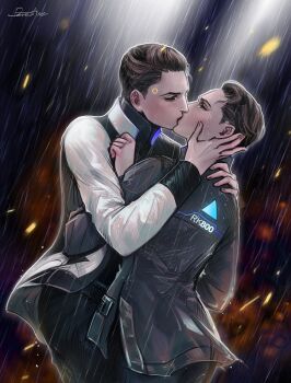 2boys closed_eyes closed_mouth commentary connor_(detroit) crying detroit:_become_human develvdeva english_commentary forced forced_kiss full_body grabbing_from_behind jacket kiss male_focus multiple_boys rain rk900_(detroit) watermark yaoi