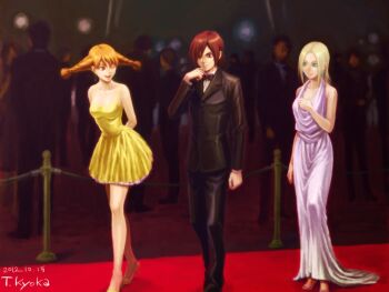 1boy 2girls aika_(eternal_arcadia) bare_shoulders blonde_hair bow bowtie braid brown_eyes brown_hair contemporary dress earrings eternal_arcadia facial_mark fina_(eternal_arcadia) forehead_mark formal_clothes gown green_eyes high_heels jewelry kuuzokucluster multiple_girls one_eye_closed red_carpet shoes short_dress short_hair smile suit traditional_bowtie twin_braids vyse wink