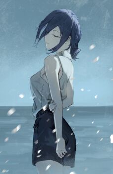 1girl absurdres arms_behind_back black_shorts blue_hair breasts chainsaw_man closed_eyes closed_mouth collared_shirt commentary fankun_de_nuojiya grey_shirt highres medium_breasts medium_hair outdoors overcast reze_(chainsaw_man) shirt shirt_tucked_in shorts sky sleeveless sleeveless_shirt snowing solo symbol-only_commentary