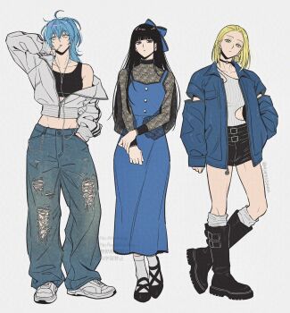 3girls akao_rion alternate_costume arm_up baggy_pants belt black_boots black_hair black_sports_bra blonde_hair blue_bow blue_dress blue_hair blue_jacket blunt_bangs boots bow choker cigarette clothing_cutout collarbone commentary cropped_jacket denim dress earbuds earphones flats full_body green_eyes grey_eyes hair_bow hand_in_pocket hand_on_own_wrist head_tilt heel_up highres jacket jeans knee_boots kumanomi_(sakamoto_days) kuroiisana lace lace-trimmed_dress lace_trim looking_at_viewer loose_socks messy_hair midriff multiple_girls o-ring o-ring_choker off_shoulder open_clothes open_jacket osaragi_(sakamoto_days) pants partially_open_jacket sakamoto_days see-through_clothes shoes short_shorts shorts side_cutout single_bare_shoulder smoking sneakers socks sports_bra streetwear symbol-only_commentary thighs torn_clothes torn_jeans torn_pants track_jacket white_socks yellow_eyes