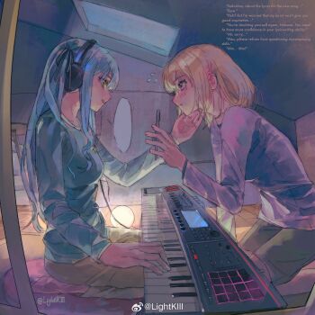 2girls absurdres bang_dream! bang_dream!_it&#039;s_mygo!!!!! barefoot blank_speech_bubble blonde_hair blue_hair blue_shirt closed_mouth commentary english_text flying_sweatdrops from_side hand_on_another&#039;s_face headphones highres indoors instrument keyboard_(instrument) kinayone long_hair long_sleeves looking_at_another medium_hair misumi_uika multiple_girls parted_lips profile purple_eyes purple_shirt seiza shirt shorts sitting smile speech_bubble togawa_sakiko twitter_username two_side_up yellow_eyes yuri