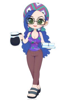 1girl absurdres black_pants blue_hair brown_pants chibi coffee_pot commentary commission cup english_commentary full_body glasses headscarf highres holding holding_coffee_pot holding_plate looking_at_viewer martinsdmelo one_piece pants paula_(one_piece) plate ponytail sandals smile tank_top v-shaped_eyebrows white_background