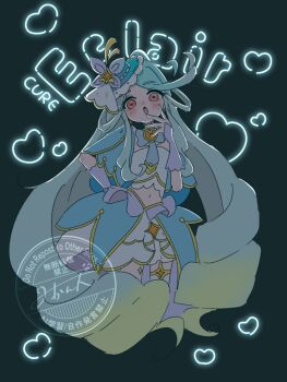 Rule 34 | 1girl, aqua bow, aqua bowtie, aqua capelet, aqua hair, aqua hat, aqua skirt, black background, boater hat, bow, bowtie, brooch, butterfly hat ornament, capelet, character name, commentary, cure eclair, english text, gloves, grey gloves, half gloves, hand on own hip, hat, hat ornament, heart, heart brooch, highres, impossible hair, jewelry, long hair, looking at viewer, magical girl, meitantei precure!, midriff, miniskirt, open mouth, precure, puni2 kuru2, red eyes, shirt, skirt, solo, standing, strapless, strapless shirt, text background, tilted headwear, very long hair, white shirt