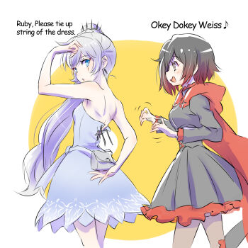2girls :d :o arm_up back bare_shoulders black_dress black_hair blue_eyes cape commentary corset dress english_text engrish_text grey_eyes highres hood hooded_cape iesupa looking_at_another looking_back multiple_girls open_mouth pantyhose ponytail pouch ranguage red_hood ruby_rose rwby scar scar_across_eye scar_on_face smile strapless strapless_dress weiss_schnee white_dress white_hair