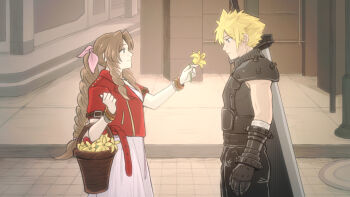 1boy 1girl aerith_gainsborough ameiro0814 armor armored_gloves bandaged_arm bandages bangle basket belt black_pants black_shirt blonde_hair bracelet braid braided_ponytail breasts brown_hair buster_sword closed_mouth cloud_strife cobblestone cowboy_shot cropped_jacket dress earrings final_fantasy final_fantasy_vii final_fantasy_vii_remake flower hair_between_eyes hair_ribbon holding holding_basket holding_flower jacket jewelry lily_(flower) long_dress long_hair looking_at_another loveless_avenue medium_breasts multiple_belts pants parted_bangs pauldrons pink_dress pink_ribbon profile red_jacket ribbon road shirt short_hair short_sleeves shoulder_armor sidelocks sidewalk single_braid single_earring single_pauldron sleeveless sleeveless_turtleneck smile spiked_hair street suspenders sword sword_on_back turtleneck weapon weapon_on_back yellow_flower
