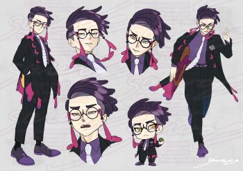 1boy belt black_jacket black_pants collared_shirt corbeau_(pokemon) dusk_ball full_body glasses grey_background hands_in_pockets holding holding_poke_ball jacket long_sleeves male_focus multiple_views necktie nintendo pants poke_ball pokemon pokemon_legends:_z-a purple_belt purple_hair purple_shirt sawaco_(sawaco520) shirt short_hair slit_pupils undercut walking white_necktie yellow_eyes