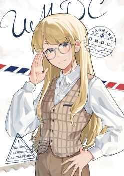 1girl absurdres adjusting_eyewear alternate_costume alternate_hairstyle bespectacled blonde_hair blue_eyes brown_jacket brown_pants character_name collared_shirt commentary_request copyright_name cowboy_shot earrings glasses hair_down hand_on_eyewear hand_on_own_hip hand_up highres jacket jasmine_(toshi_densetsu_kaitai_center) jewelry long_hair long_sleeves looking_at_viewer pants shinkishi shirt sleeveless sleeveless_jacket smile solo toshi_densetsu_kaitai_center white_background white_shirt