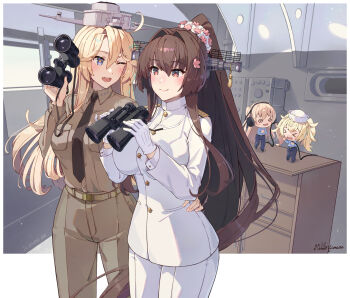 Rule 34 | 4girls, alternate costume, binoculars, black necktie, blonde hair, blue eyes, border, breast pocket, breasts, brown hair, brown jacket, brown pants, cherry blossoms, commentary request, dixie cup hat, epaulettes, fairy (kancolle), flower, gloves, hair between eyes, hair flower, hair intakes, hair ornament, hat, headgear, headphones, highres, himeyamato, holding, holding binoculars, huge breasts, indoors, iowa (kancolle), jacket, kantai collection, large breasts, long hair, long sleeves, military hat, military uniform, mini person, minigirl, multiple girls, naval dress uniform, naval uniform, necktie, one eye closed, pants, pocket, ponytail, red eyes, sidelocks, size difference, standing, star-shaped pupils, star (symbol), symbol-shaped pupils, twintails, very long hair, white border, white gloves, white jacket, yamato (kancolle)